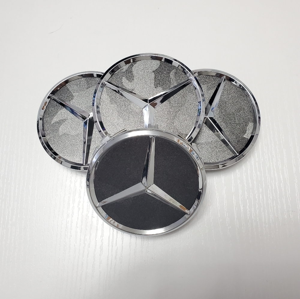 4 Camouflage Silver WHEEL CENTER HUB CAPS EMBLEM FITS MERCEDES BENZ 75mm 3inch - Picture 2 of 6